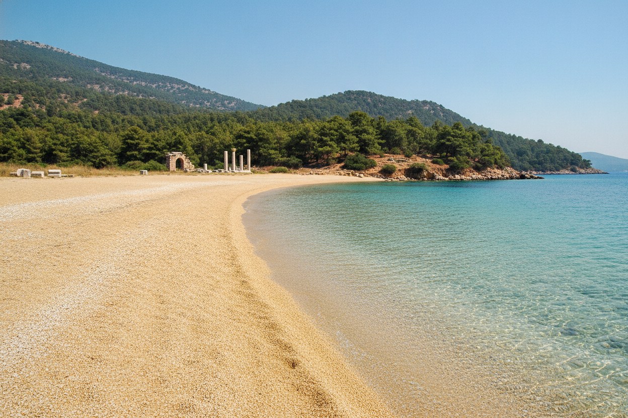 Sedir Adası Kleopatra plajının ince altın kumu ve turkuaz suyu